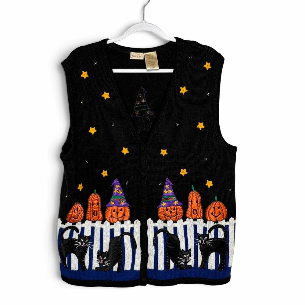 Bobbie Brooks Halloween Vest Size 18 Sweater Jack o Lanterns Black Cats VTG 90s
